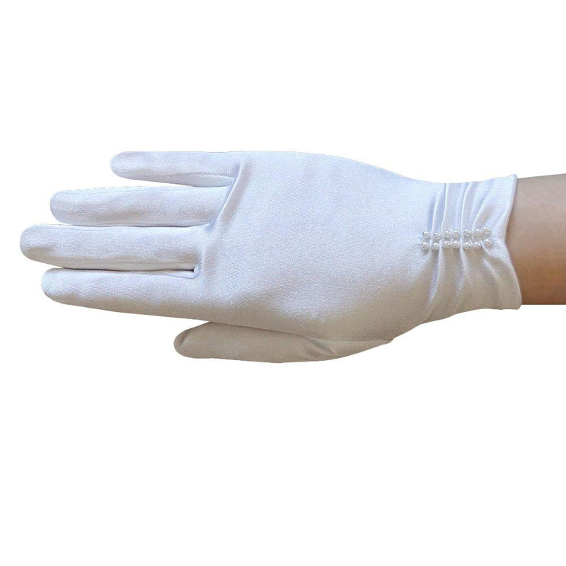 [Australia] - ZAZA BRIDAL Girl's Satin Gloves with ruched part and pearl beading White Small - 4-7yrs 