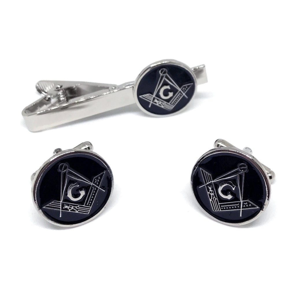 [Australia] - PinMaze Masonic Freemason Square Compass Tie Clip - Trowel Tiebar Set Tie Bar + Cufflinks Black 