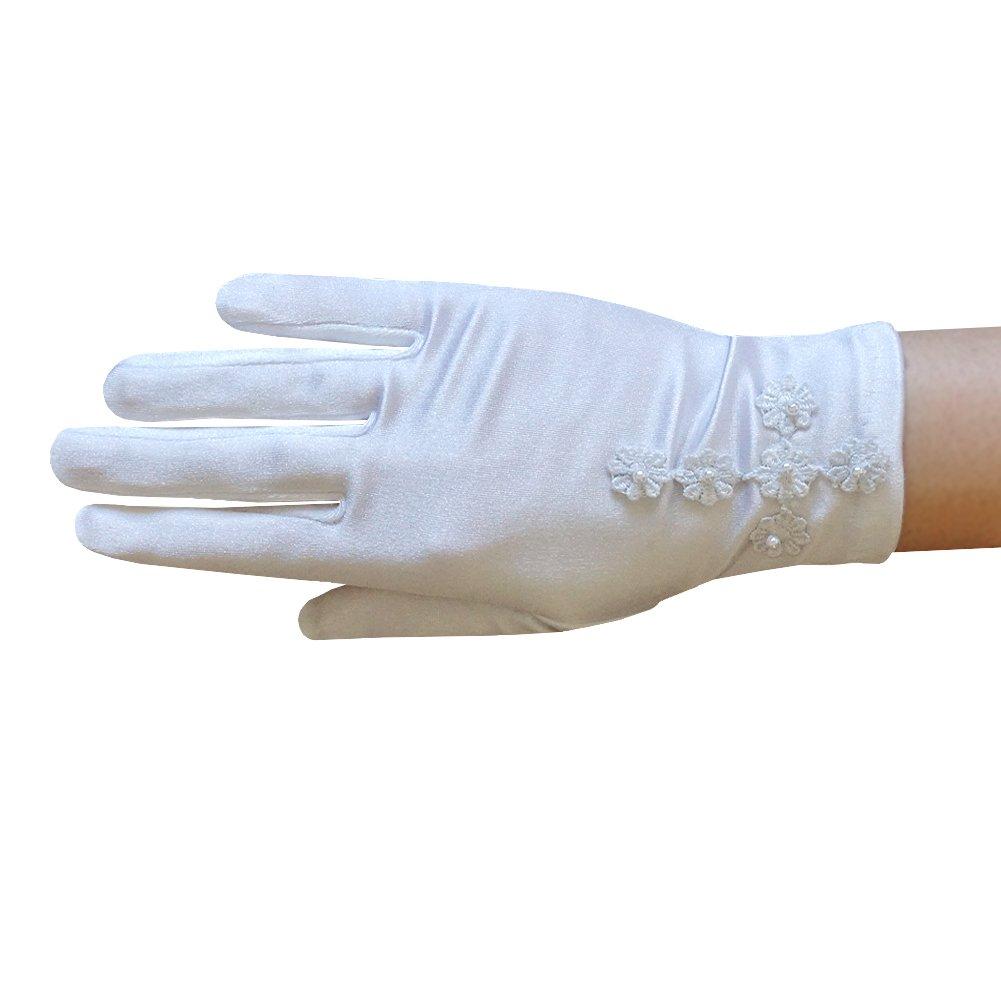 [Australia] - ZAZA BRIDAL Girl's White Satin Gloves with Daisy Flowers Cross & Pearls Medium - 8-12yrs 
