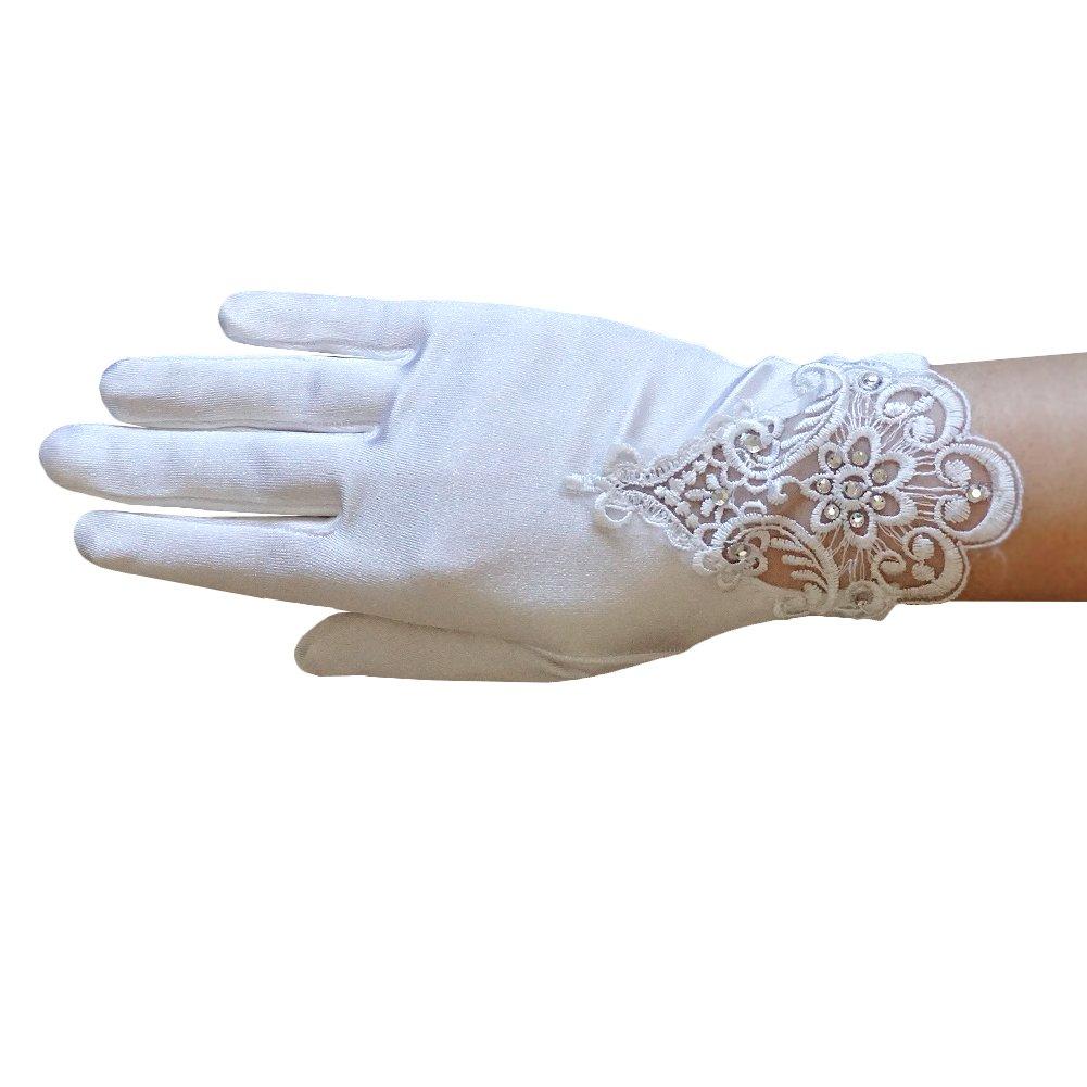 [Australia] - ZAZA BRIDAL Girl's Satin Gloves with Embroidery & rhinestone accents White Medium - 8-12yrs 