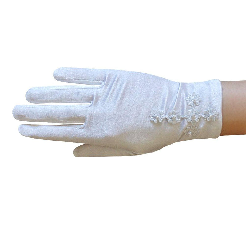 [Australia] - ZAZA BRIDAL Girl's White Satin Gloves with Daisy Flowers Cross & Pearls Small - 4-7yrs 