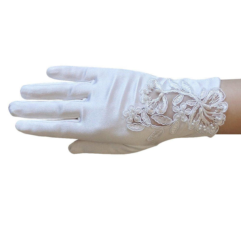[Australia] - ZAZA BRIDAL Girl's Satin Gloves with Floral Embroidery Lace & Pearls White Medium - 8-12yrs 