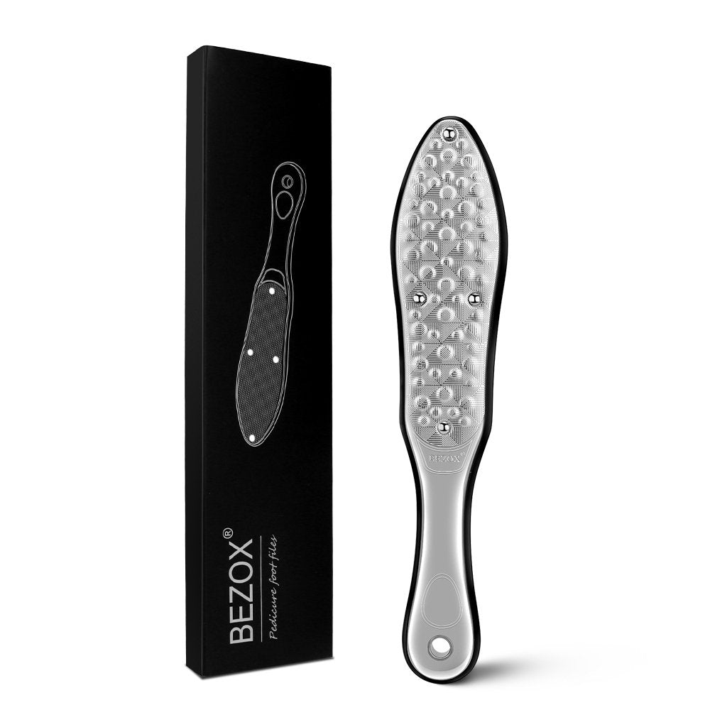 [Australia] - BEZOX Professional Foot File Callus Remover, Double Sided Foot Scrubber for Cracked Heel and Foot Dead Skin - Heavy Duty Stainless Steel Pedicure Tool - W/Cloth Storage Bag & Gift Box Metal Foot File Silver 