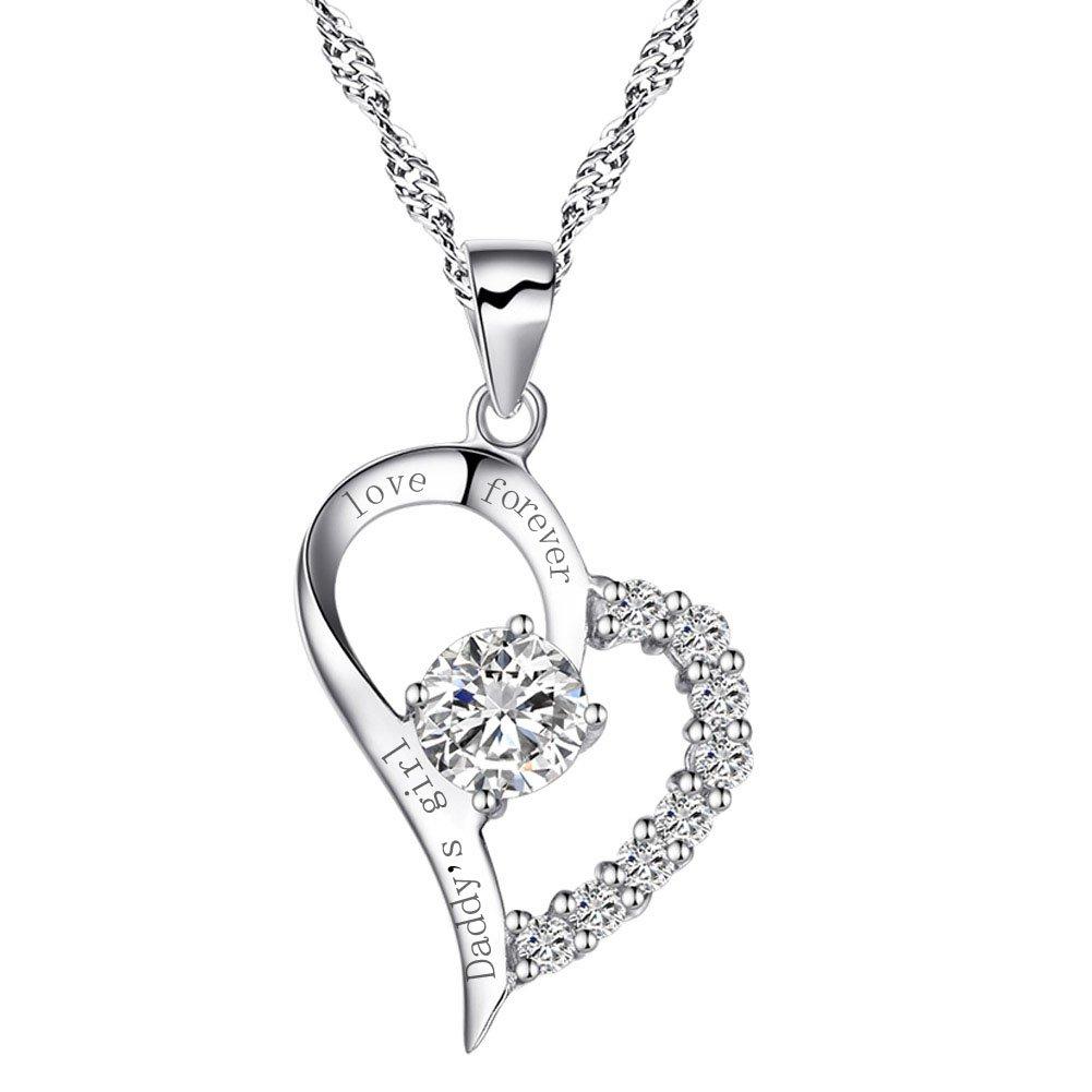 [Australia] - Sterling Silver Heart"Daddy's Girl Love Forever" Necklace Cubic Zirconia Engraved Pendant with Chain 