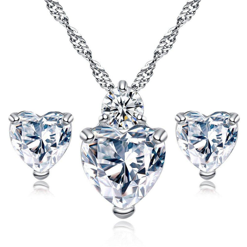 [Australia] - Z-Jeris Love Heart Crystal Pendant Necklace Stud Earrings Set for Women Girls Gift Silver 