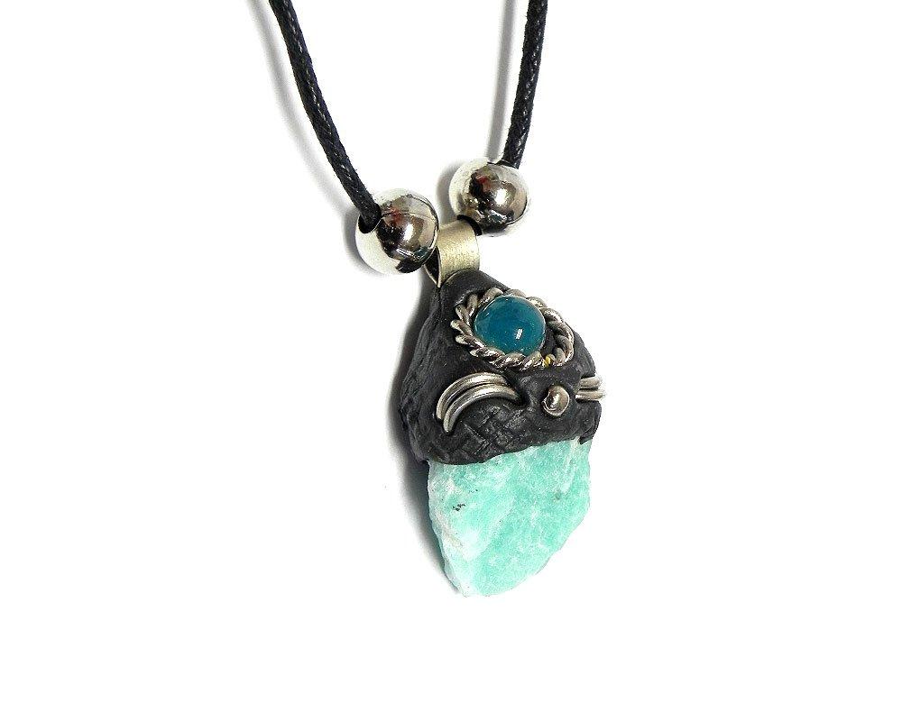 [Australia] - Mia Jewel Shop Natural Raw Rough Healing Gemstone Pendant Round Chrysocolla Stone Adjustable Necklace Turquoise 