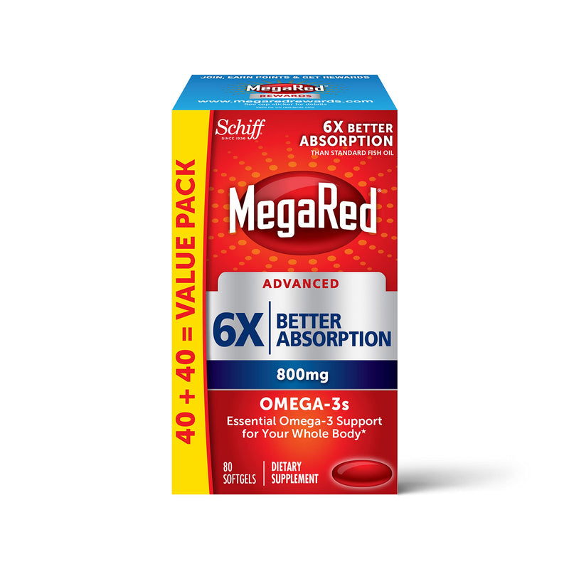 [Australia] - Omega 3 Fish Oil Supplement 800mg (per Serving), MegaRed Advanced 6X Absorption EPA & DHA Omega 3 Fatty Acid Softgels (80cnt Box), Phopholipids, Supports Brain Eye Joint & Heart Health 80 Count (Pack of 1) 