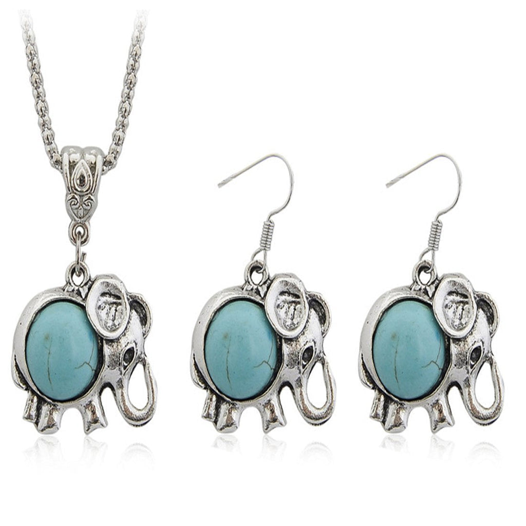 [Australia] - JewelleryClub Turquoise Jewelry Set Antique Silver Plated Elephant Necklace and Earrings Sets for Women 