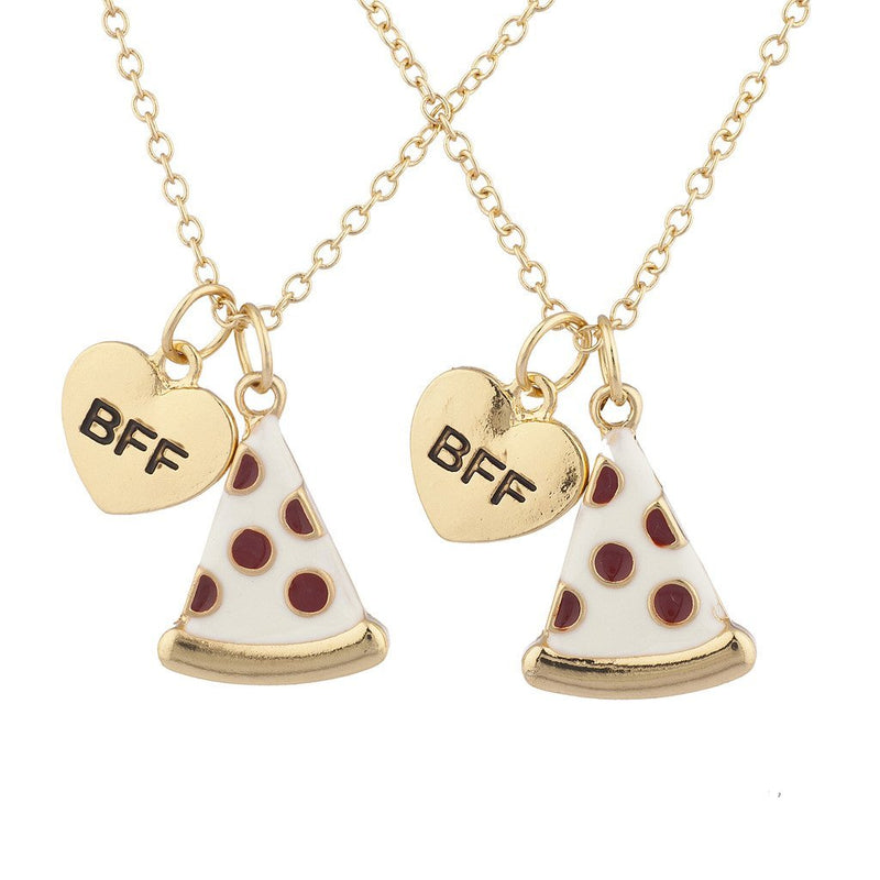 [Australia] - Lux Accessories Goldtone Enamel Pizza Emoji BFF Best Friend Forever Necklace (2pc) 