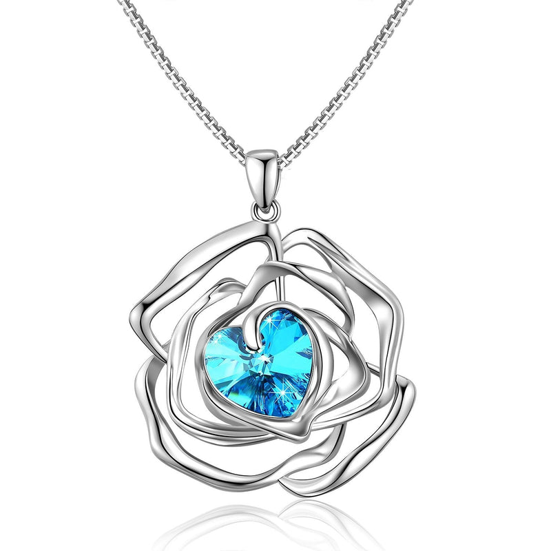 [Australia] - Menton Ezil "Rose Lover Swarovski Necklace 18K White Gold Flower Pendant Fashion Jewlery - Gift of Love Blue 