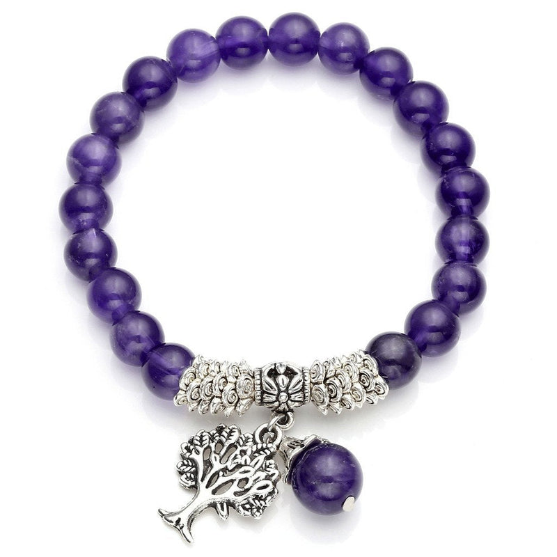 [Australia] - Top Plaza Stretch Rose Quartz Tree of Life Lucky Stone Bracelet Reiki Healing Crystal Gemstone Dangle Charms Pendant Birthstone Bracelet(6.2") Amethyst 