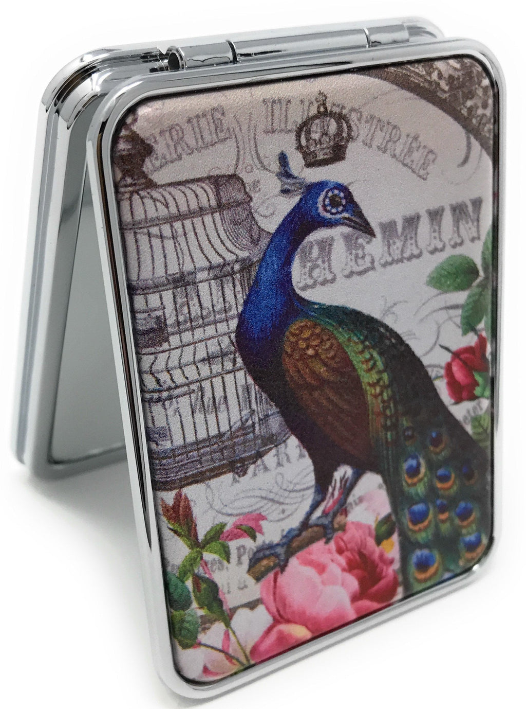 [Australia] - Value Arts French Vintage Peacock Print Purse Compact Travel Makeup Mirror and Magnification, 3 Inches Long 