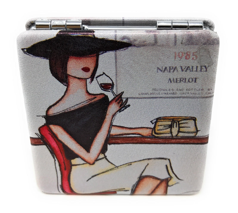 [Australia] - Value Arts Compact Travel Makeup Mirror and Magnification, 2.375 Inches Square, Classy Lady with Napa Valley Merlot Print Purse 