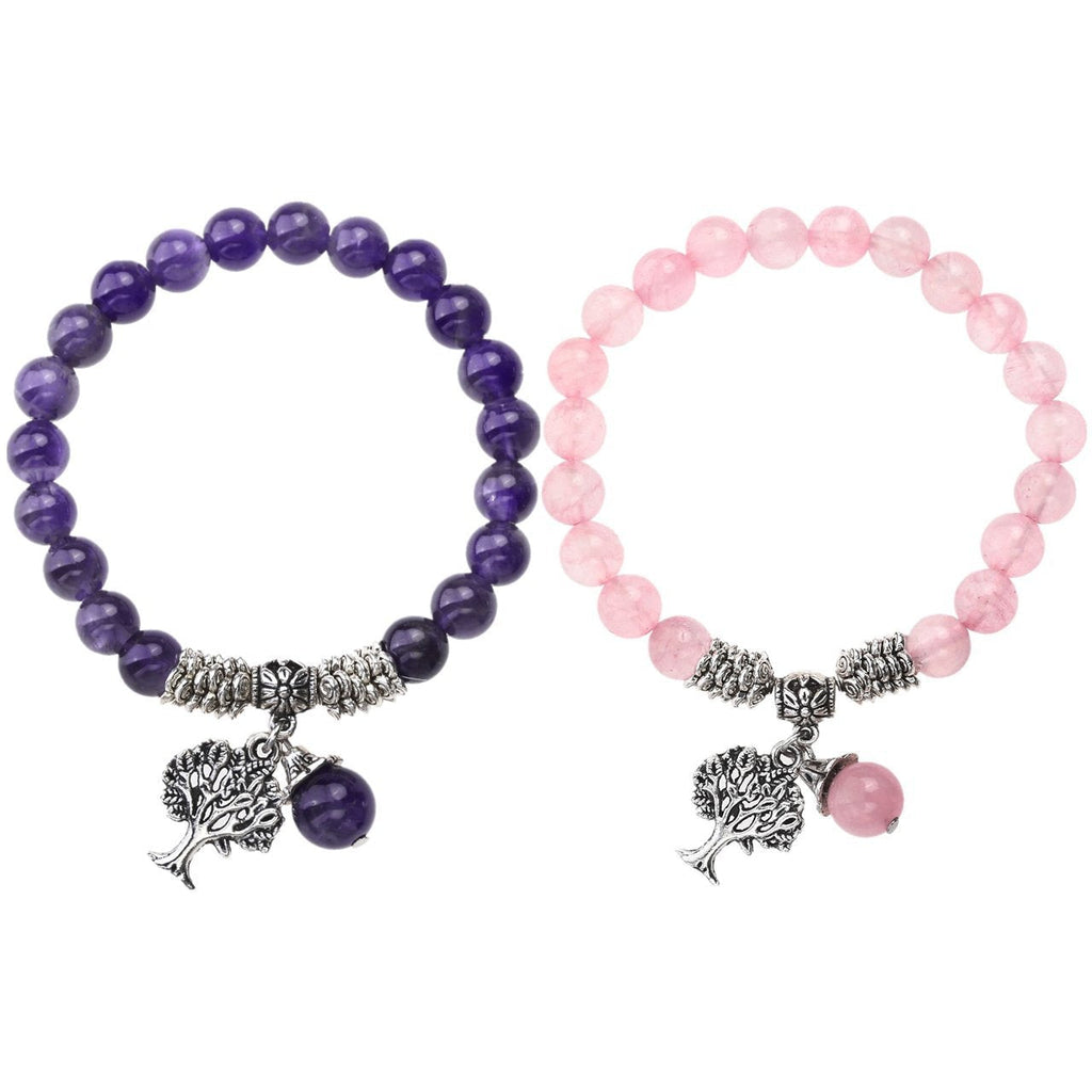 [Australia] - Top Plaza Stretch Rose Quartz Tree of Life Lucky Stone Bracelet Reiki Healing Crystal Gemstone Dangle Charms Pendant Birthstone Bracelet(6.2") Amethyst+Rose Quartz 