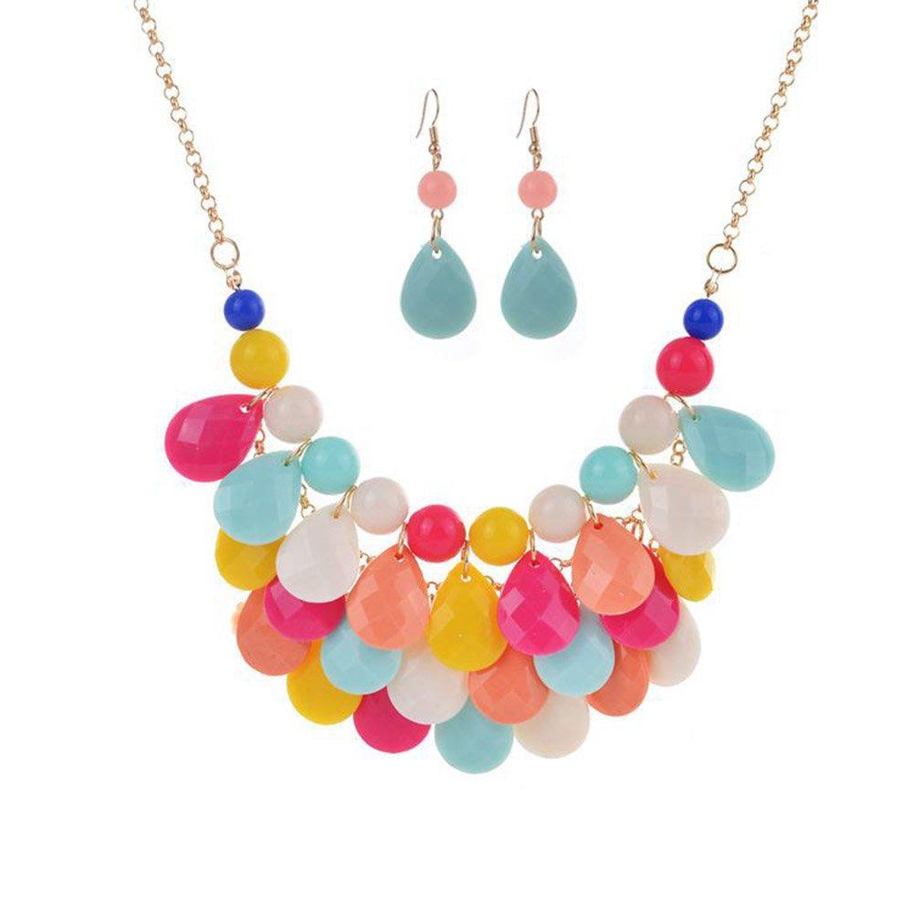 [Australia] - Floating Bubble Necklace Layered Teardrop Statement Necklace Resin Beaded Collar Necklace Earrings Jewelry Set for Women Colorful 