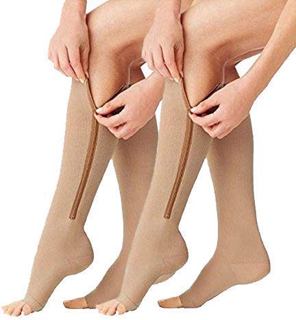 [Australia] - 2 Pairs Compression Socks Toe Open Leg Support Stocking Knee High Socks with Zipper Large-X-Large 01-nude 