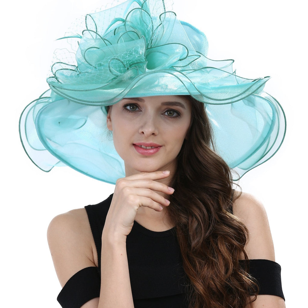 [Australia] - Janey&Rubbins Women's Feathers Floral Fascinating Kentucky Church Wedding Party Floppy Hat Turquoise 