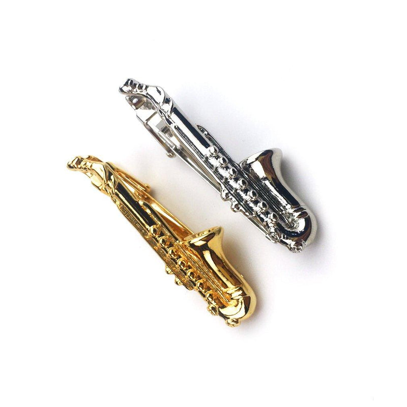 [Australia] - ZUNON Saxophone Tie Clips Sax Tie Bar Tacks Mens Silver Golden Tone Music Instrument Tie Clasps Musician Gifts 