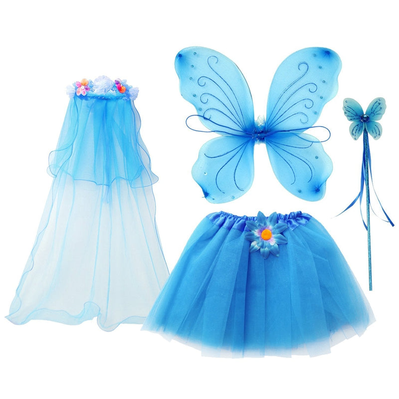[Australia] - Fedio 4Pcs Girls Princess Fairy Costume Set with Wings, Tutu, Wand and Floral Wreath Veil for Children Ages 3-6 Blue 