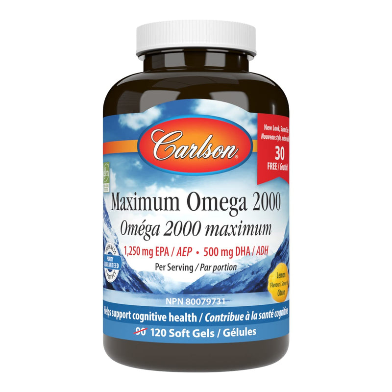 [Australia] - Carlson - Maximum Omega 2000, 2000 mg Omega-3 Fatty Acids Including EPA and DHA, Wild-Caught, Norwegian Fish Oil Supplement, Sustainably Sourced Fish Oil Capsules, Lemon, 90+30 Softgels 120 Count (Pack of 1) 