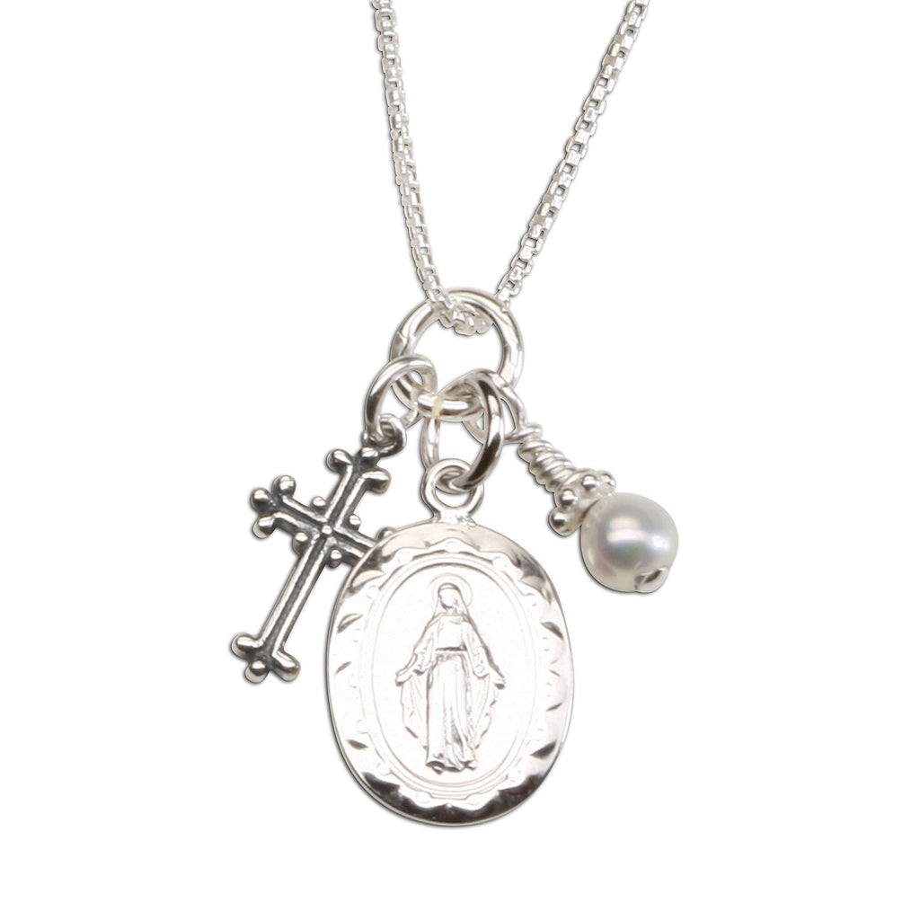 [Australia] - Girl's Sterling Silver Miraculous Necklace with Cultured Pearl and Cross 14 Inch 