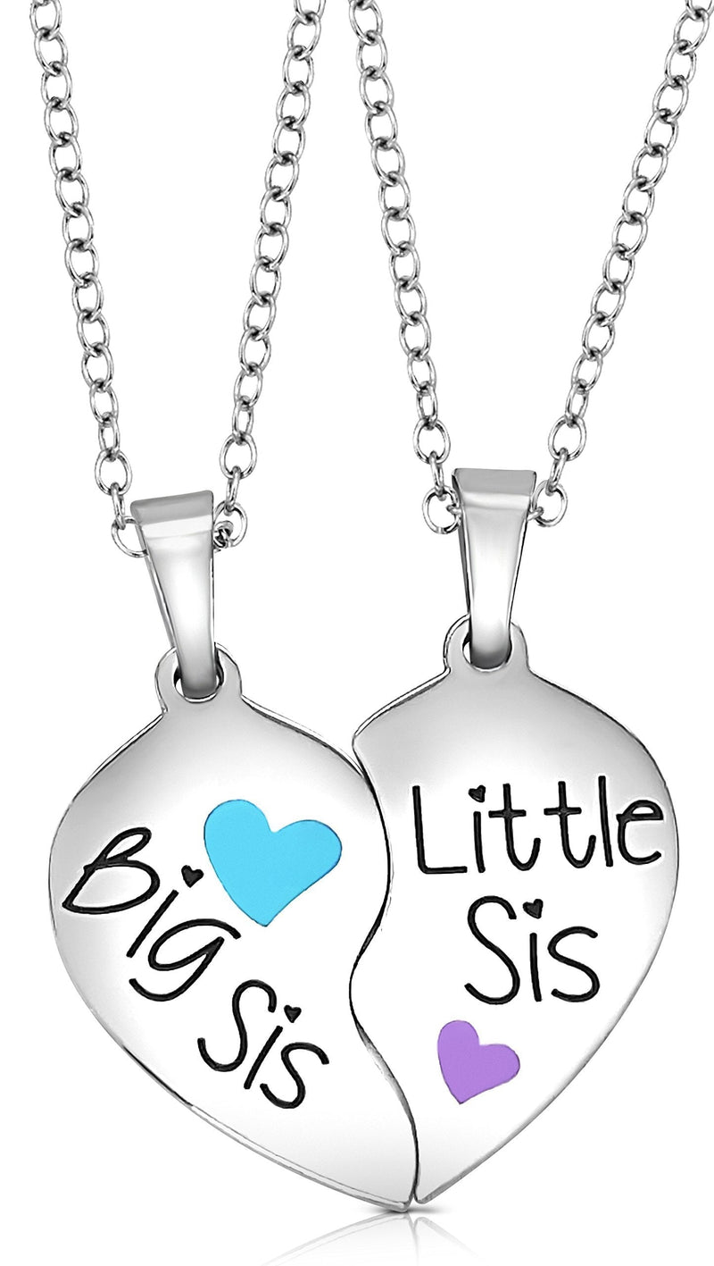 [Australia] - Sisters Jewelry Gift, Big Sis & Little Sis 2 Piece Split Heart Matching Sister Pendant Necklace Set for Women, Girls, Teens, Tweens Aqua Blue/Purple 