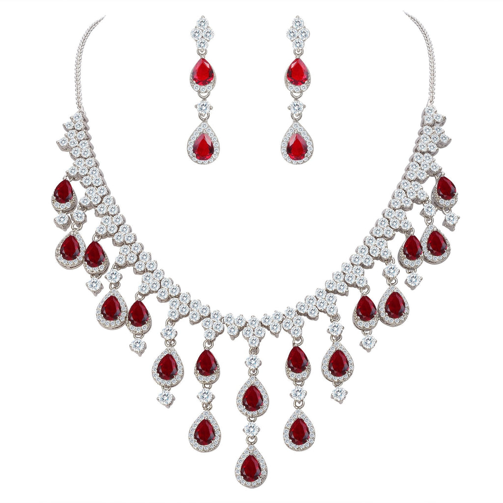 [Australia] - EVER FAITH Women's Cubic Zirconia Gorgeous Water Drop Dangle Necklace Earrings Set Silver-Tone Red 