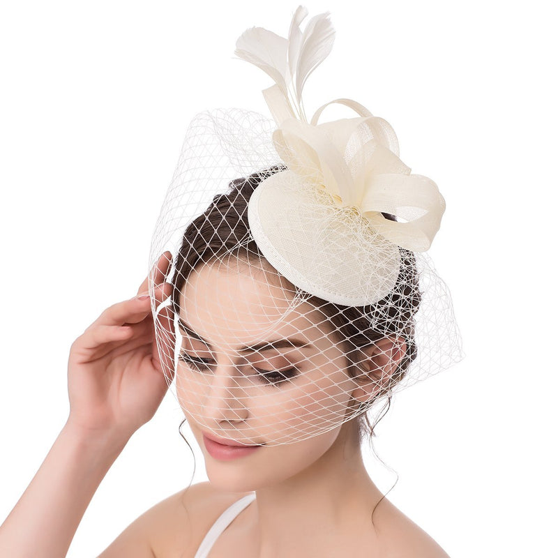 [Australia] - Abaowedding Feather Fascinator Cocktail Party Hair Clip Pillbox Hats A Ivory 