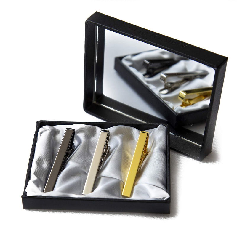 [Australia] - 3pc Mens Tie Bar Clip for Regular Necktie, Gold Silver Black with Luxury Gift Box Set with Mirror 