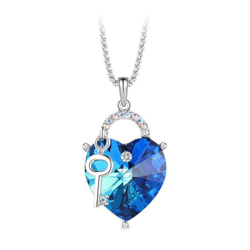 [Australia] - T400 Fashion Crystal Heart Pedant Necklaces Purple/Blue Crystal Pendant Jewelry for Women Birthday Gift Lock and Key Heart (Blue) 