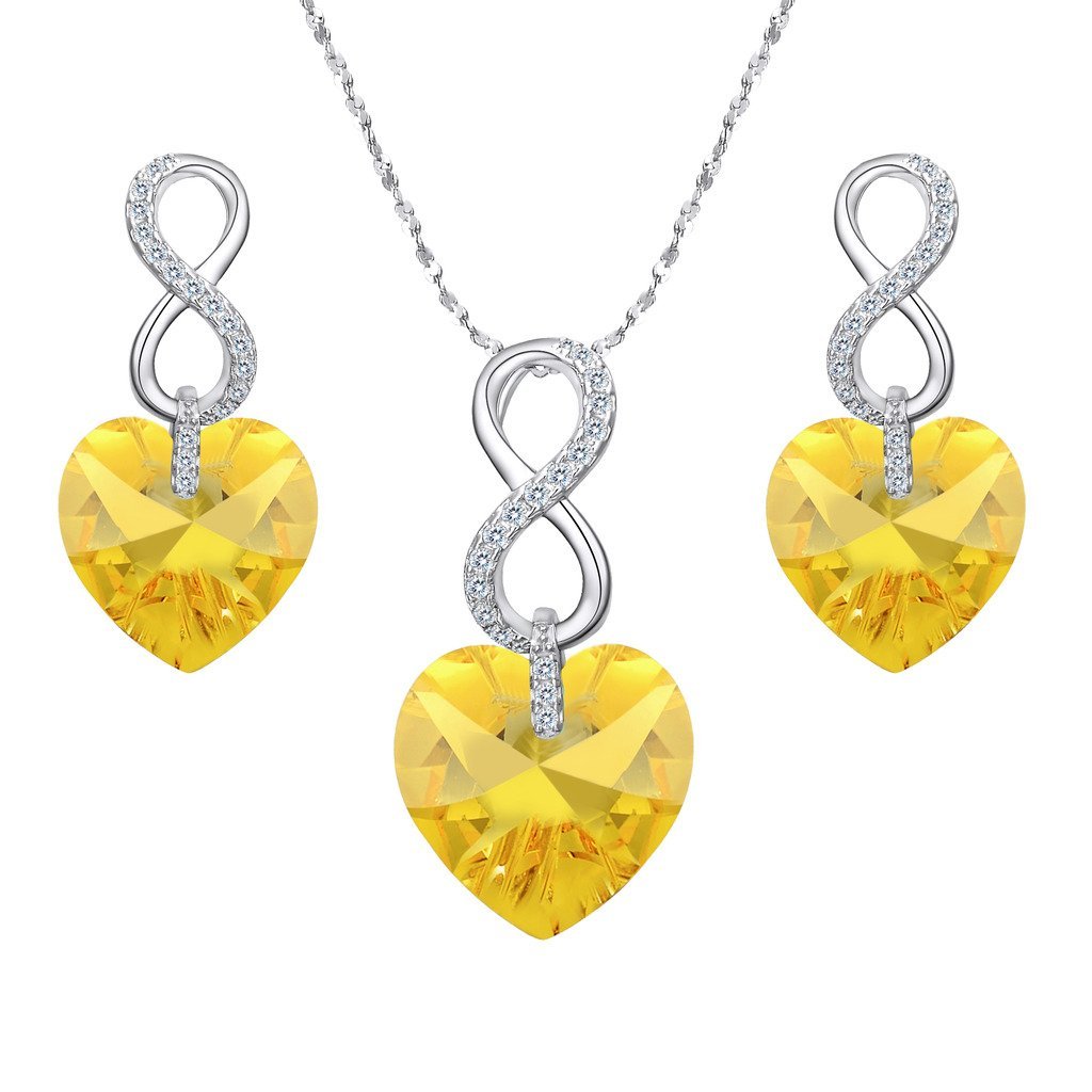 [Australia] - EVER FAITH 925 Sterling Silver CZ Figure 8 Infinity Love Heart Pendant Necklace Earrings Set Yellow 