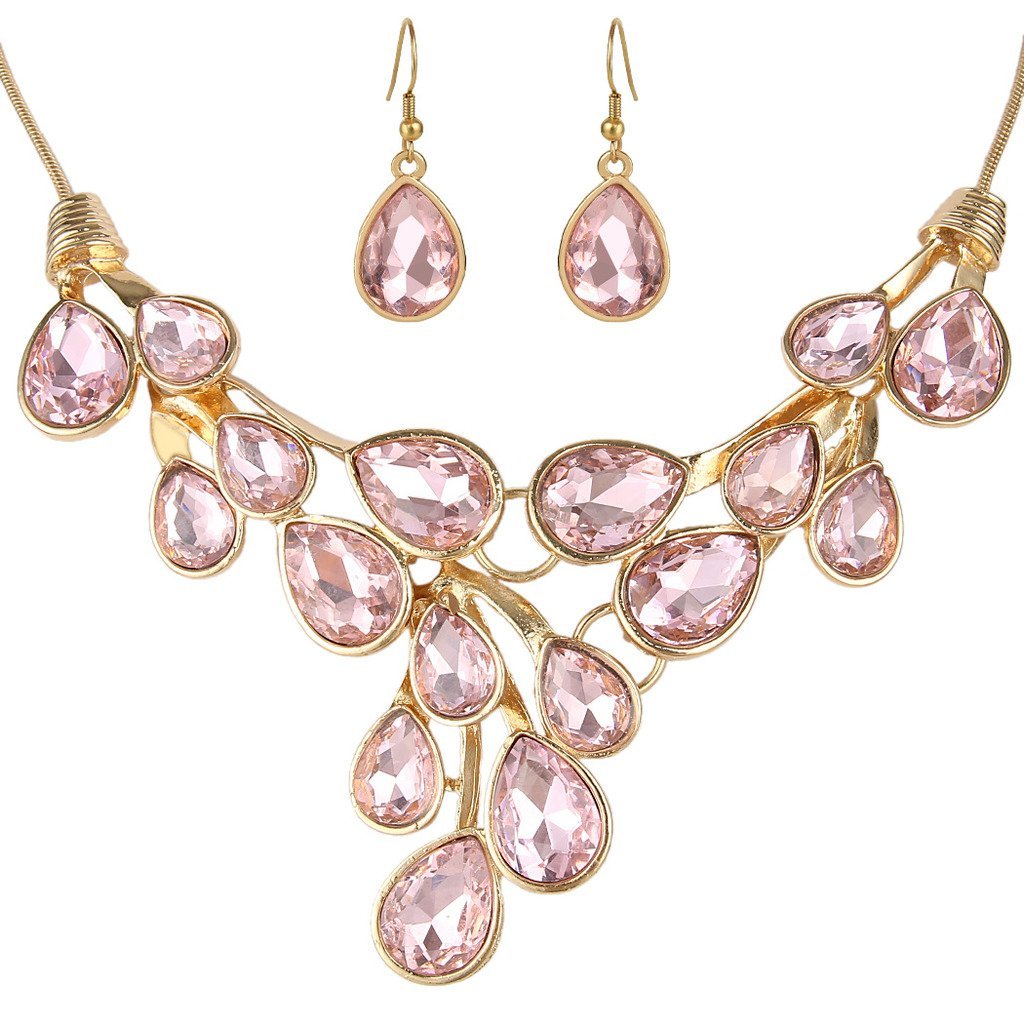 [Australia] - EVER FAITH Women's Austrian Crystal Bridal Waterdrop On The Branch Necklace Earrings Set Pink Gold-Tone 