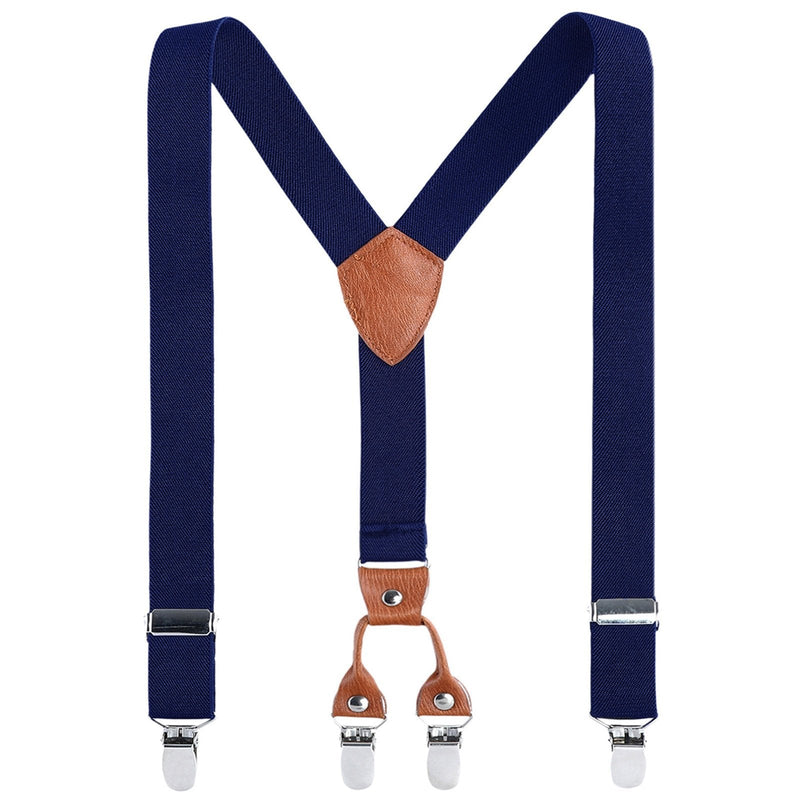 [Australia] - Kids Child Men Boy Suspenders - Adjustable Elastic Solid Color 4 Strong Clips Braces Navy Blue 43Inches 