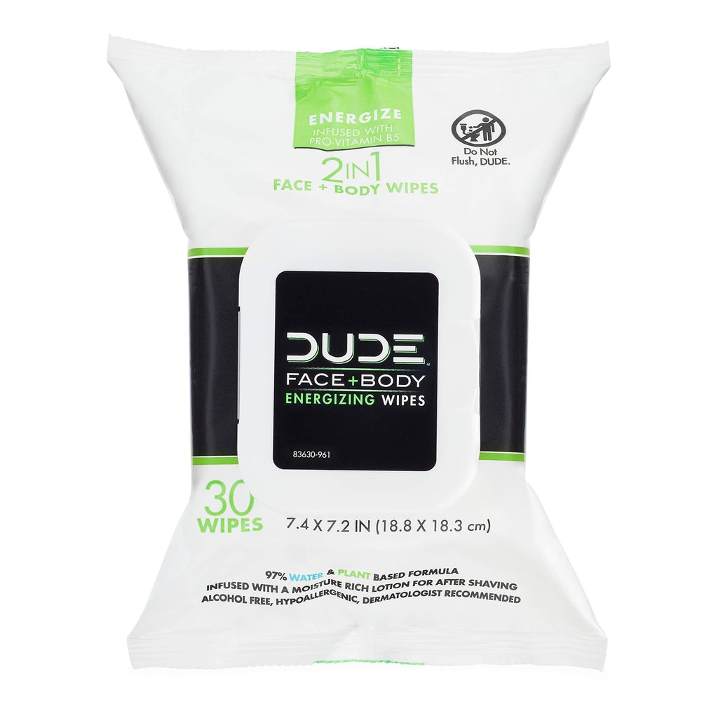 [Australia] - DUDE Face & Body Wipes 30 Count Energizing & Refreshing Scent Infused with Pro Vitamin B-5, Face Cleansing Cloths for Men, Lightly Scented for Mid-Day Refreshment, Hypoallergenic, Alcohol Free 30 Count (Pack of 1) 