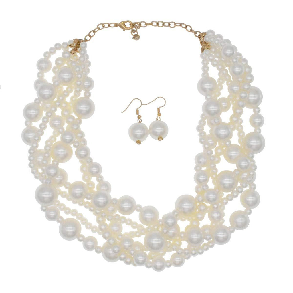 [Australia] - JNF Large Pearl Necklace Set Multi Layer Pearl Strand Costume Jewelry Sets Pearl Statement Necklace Bracelet and Earrings for Women White 