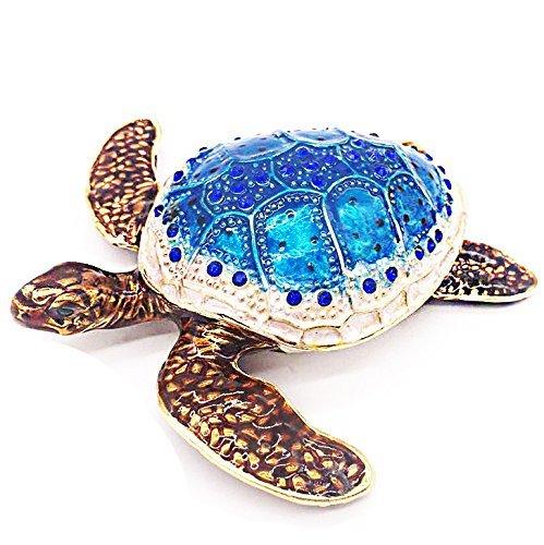 [Australia] - Waltz&F Sea Turtle Crystal Studded Pewter Jewelry Trinket Box Bejeweled Hand-painted Ring Holder Mother's day Gift blue 