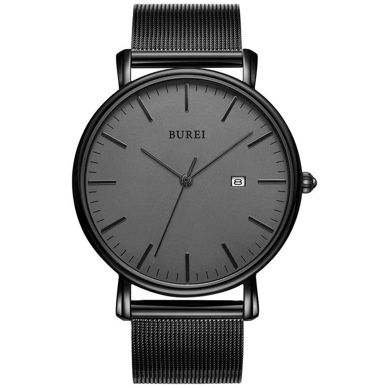 [Australia] - BUREI Men's Fashion Minimalist Wrist Watch Analog Date with Stainless Steel Mesh Band Black 