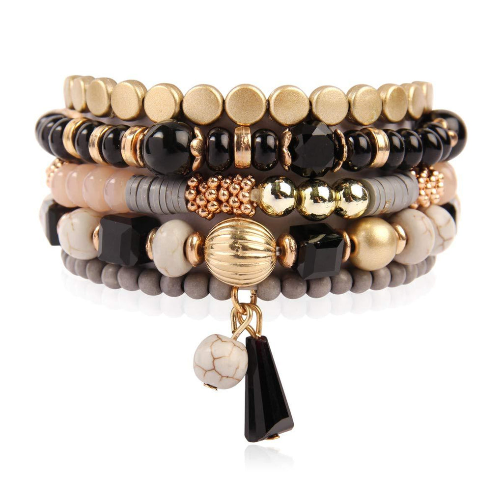 [Australia] - RIAH FASHION Bohemian Mix Bead Multi Layer Versatile Statement Bracelets - Stackable Beaded Strand Stretch Bangles Sparkly Crystal, Tassel Charm Black 