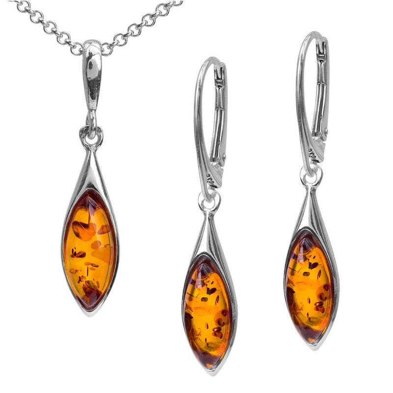 [Australia] - Sterling Silver Amber Earrings Necklace Marquise Set 18 Inches 