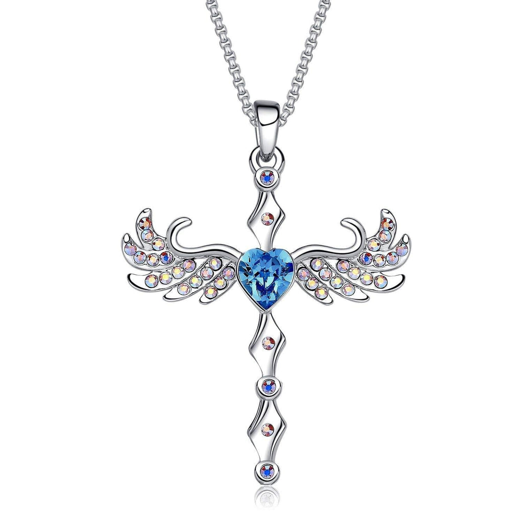 [Australia] - MEGA CREATIVE JEWELRY Cross Angel Wings Blue Heart Pendant Necklace with Crystals from Swarovski 