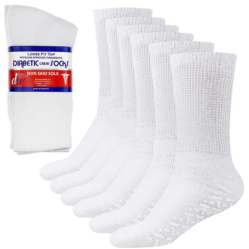 [Australia] - 6 Pairs Non-Binding Loose Fit Sock - Non-Slip Diabetic Socks for Men and Women - Crew White Crew White With Grips 10-13 