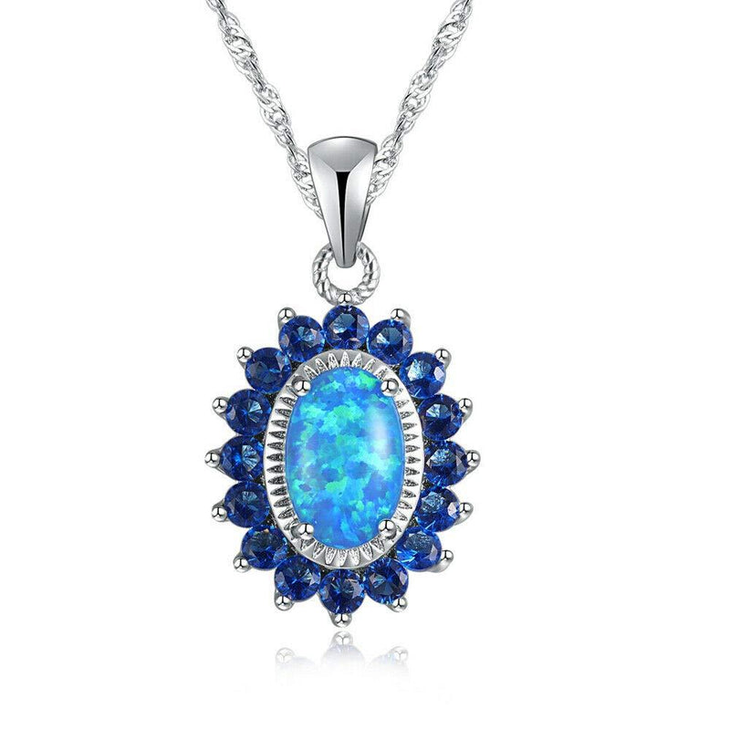 [Australia] - CiNily 14K White Gold Plated Opal Pendant Necklace-Flower/Oval Shap Necklace Gemstone Women Girls Jewelry Gift flower-sapphire 