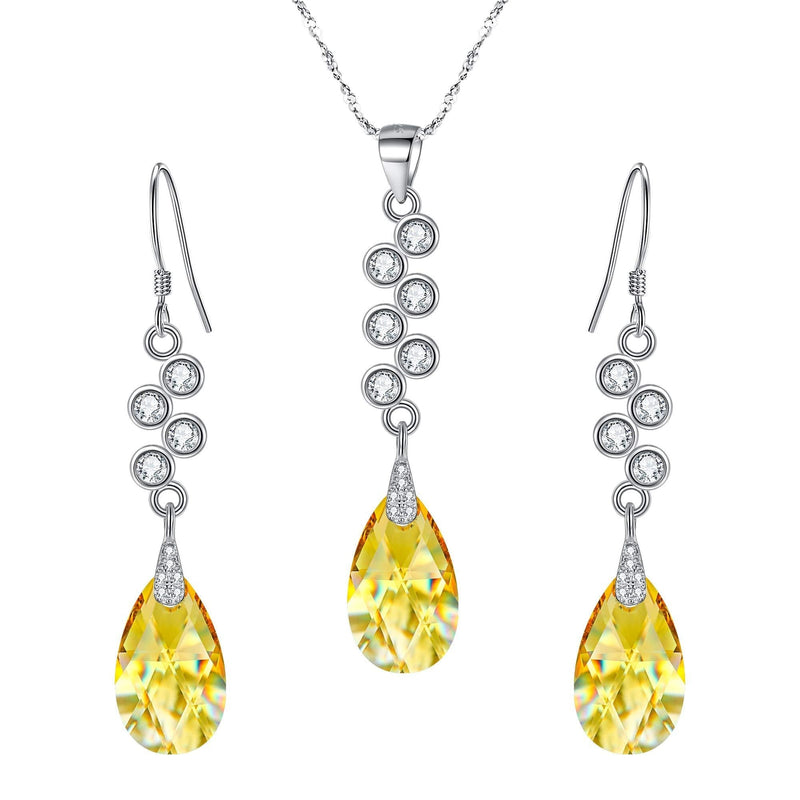 [Australia] - EleQueen 925 Sterling Silver CZ Teardrop Pendant Necklace Hook Dangle Earrings Set Made with Crystals Yellow Color 