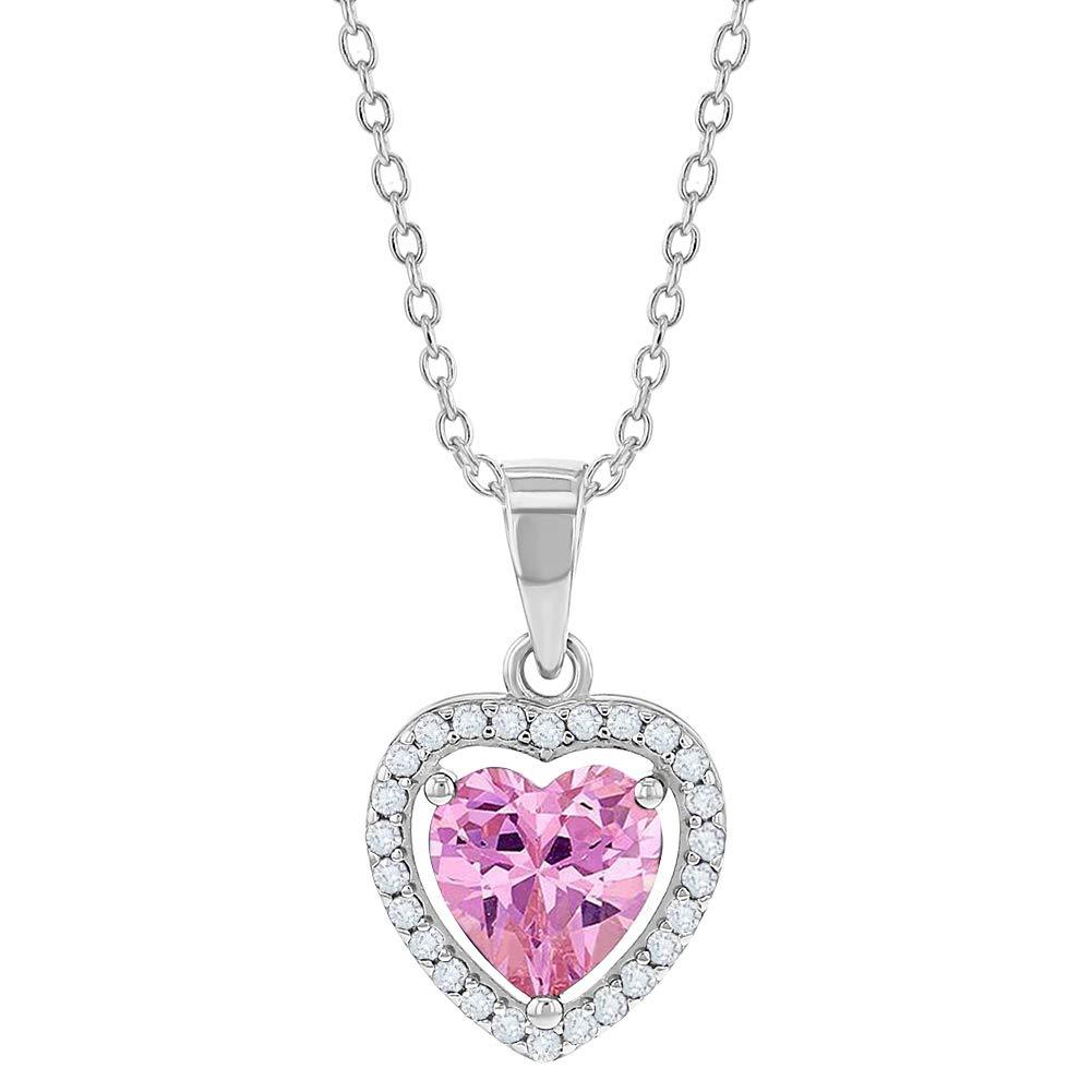 [Australia] - 925 Sterling Silver Heart Pendant Necklace Pink Clear CZ Girls Kids Teens 16" 