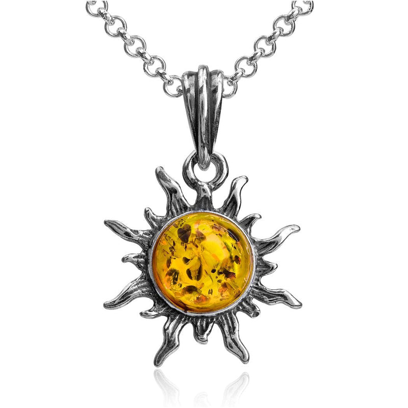 [Australia] - Amber Sterling Silver Flaming Sun Pendant Necklace Chain 18" 