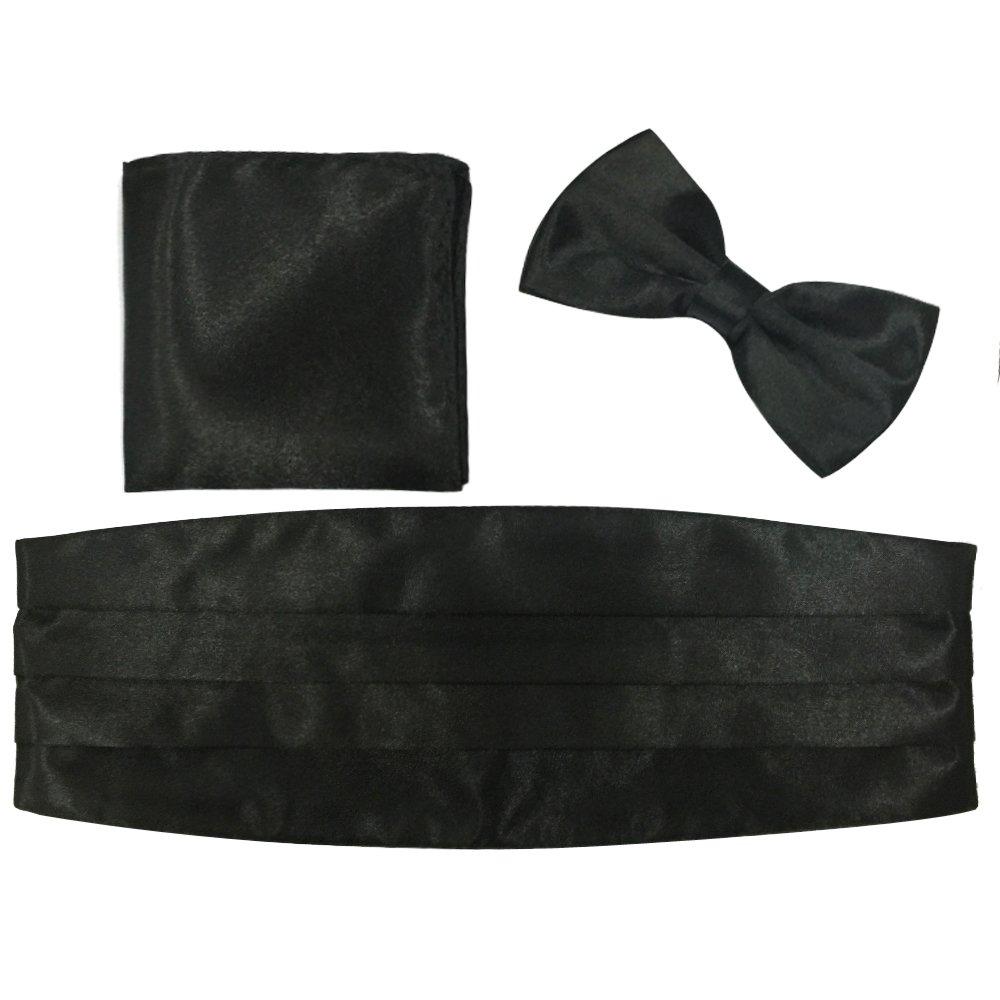 [Australia] - Mens Dress Girdle Tie Tuxedo Suit Waist Pure Pleat Cummberbund Bowtie Hankerchief Set Black 