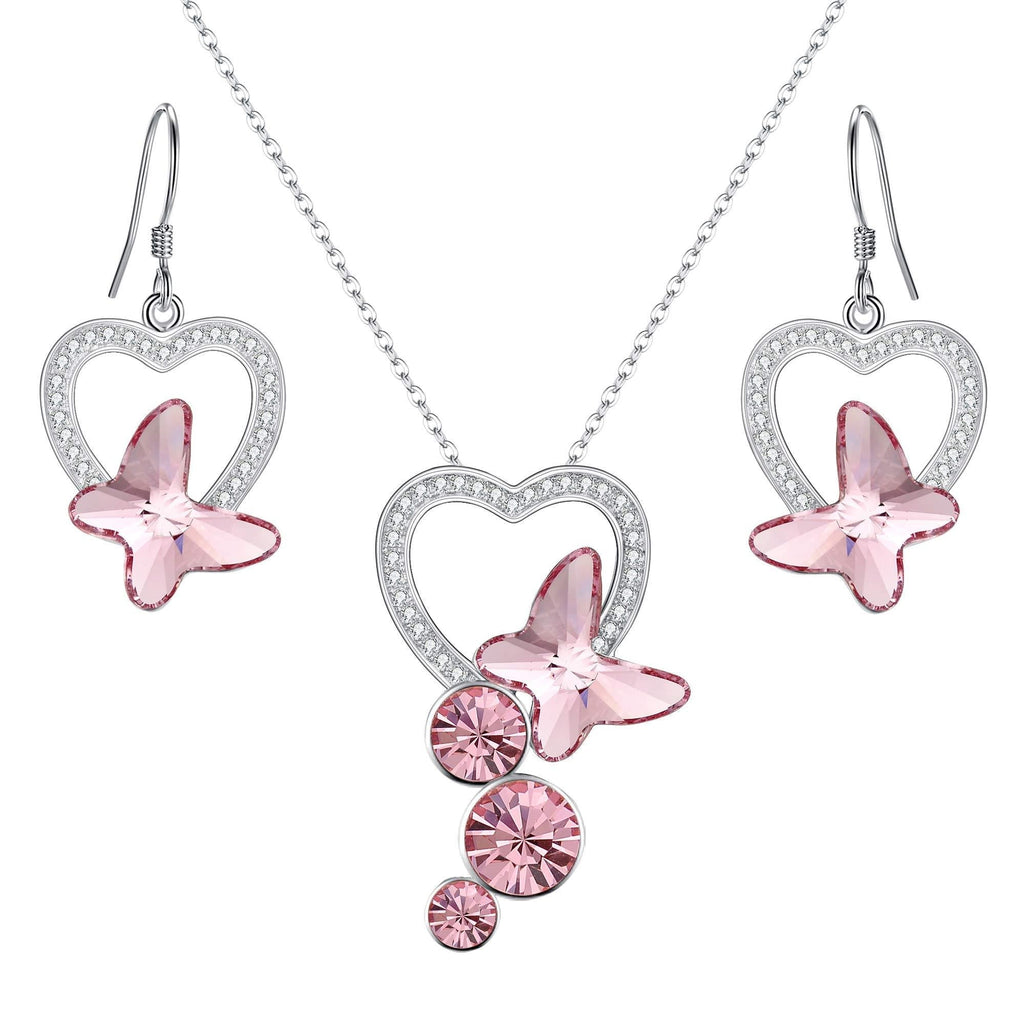 [Australia] - EleQueen 925 Sterling Silver CZ Butterfly Bridal Pendant Necklace Hook Drop Earrings Set Made with Crystals Pink 