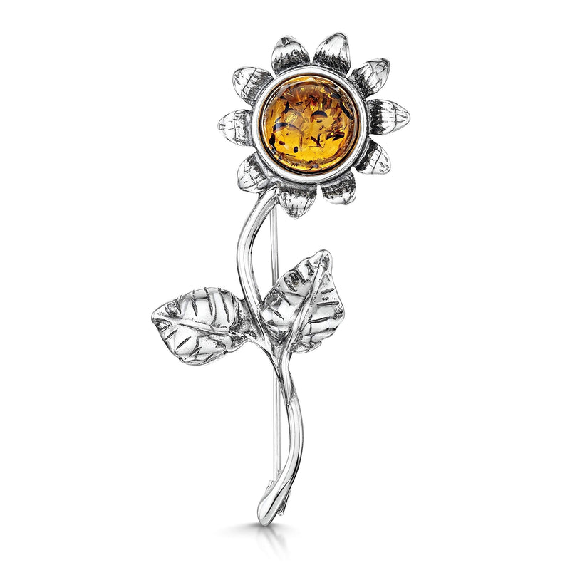 [Australia] - Amberta 925 Sterling Silver with Genuine Baltic Amber - Sunflower Brooch/Pin for Women - Honey Stone Color 