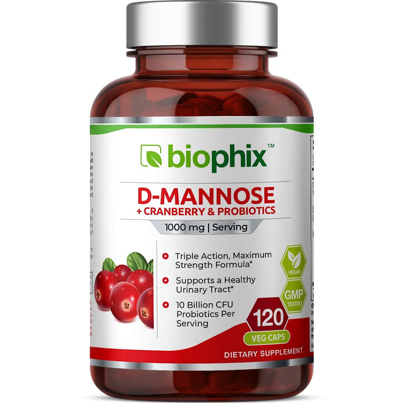 [Australia] - D-Mannose Plus Cranberry and Probiotics 1000 mg 120 Vcaps - Supports Urinary Bladder Tract Health and Digestive Well Being 
