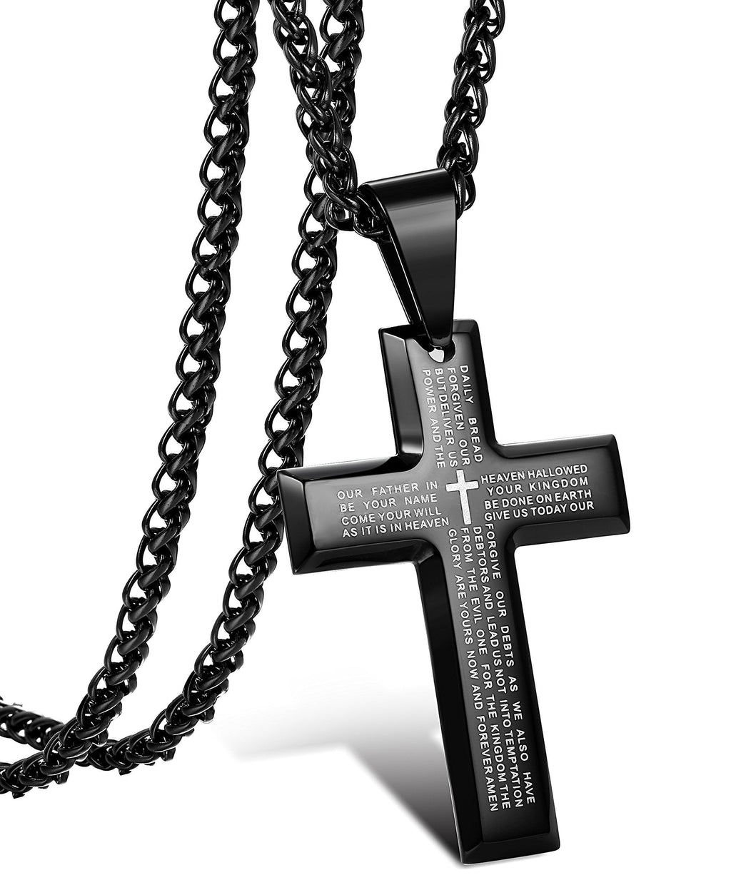 [Australia] - Jstyle Stainless Steel Black Cross Pendant Necklace for Men Lord's Prayer Necklace Heavy Wheat Chain 22 24 30 Inch 22.0 Inches 